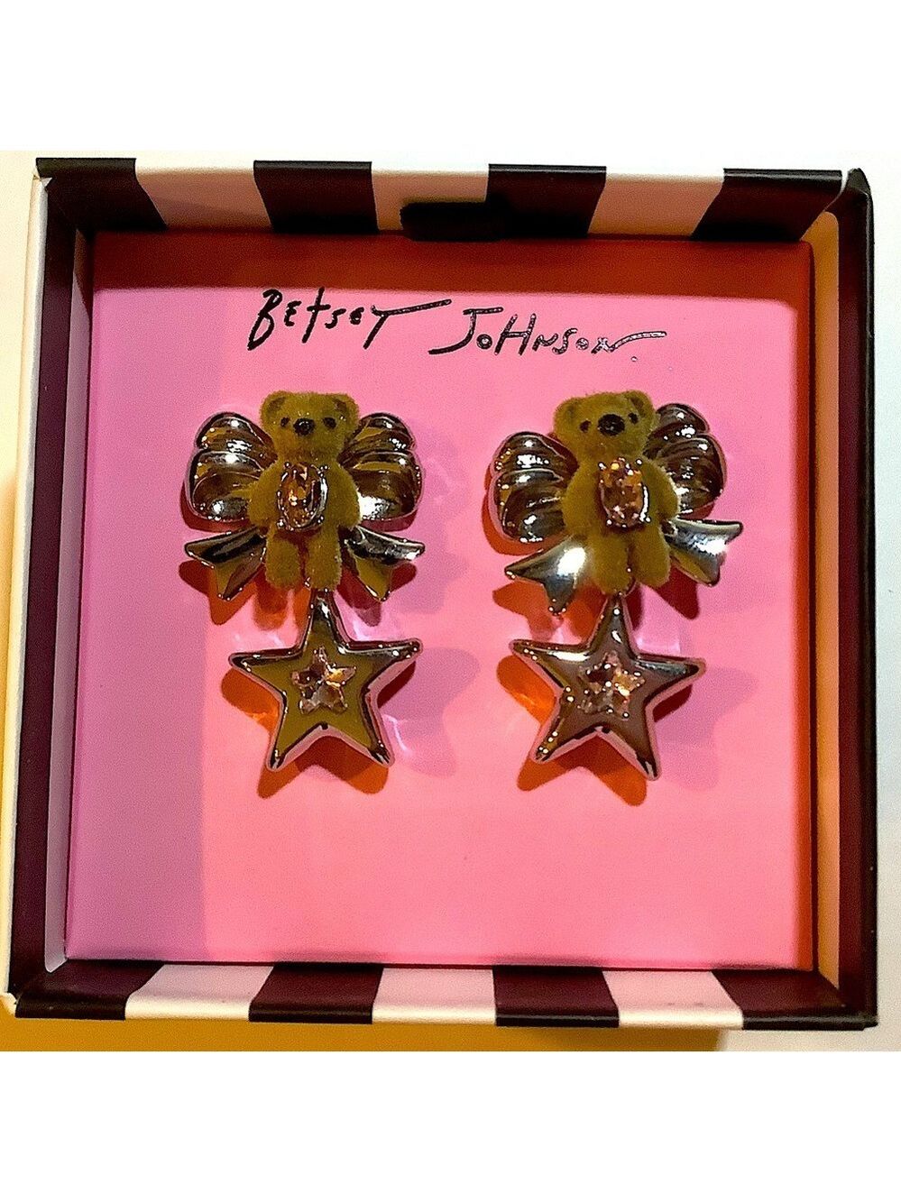 Betsey Johnson Teddy Bear Star Drop Earrings New In Box